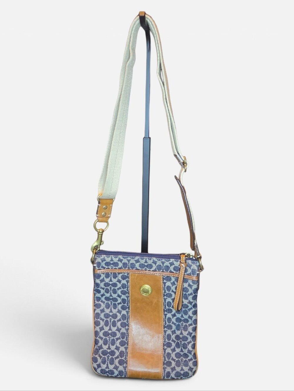 Coach Blue Signature Crossbody with Tan Leather Trim